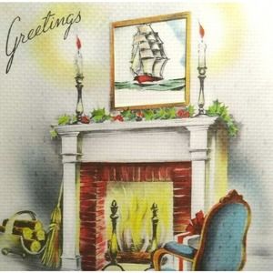 Christmas Greeting Card Clipper Pirate Ship Painting Over Fireplace Paramount